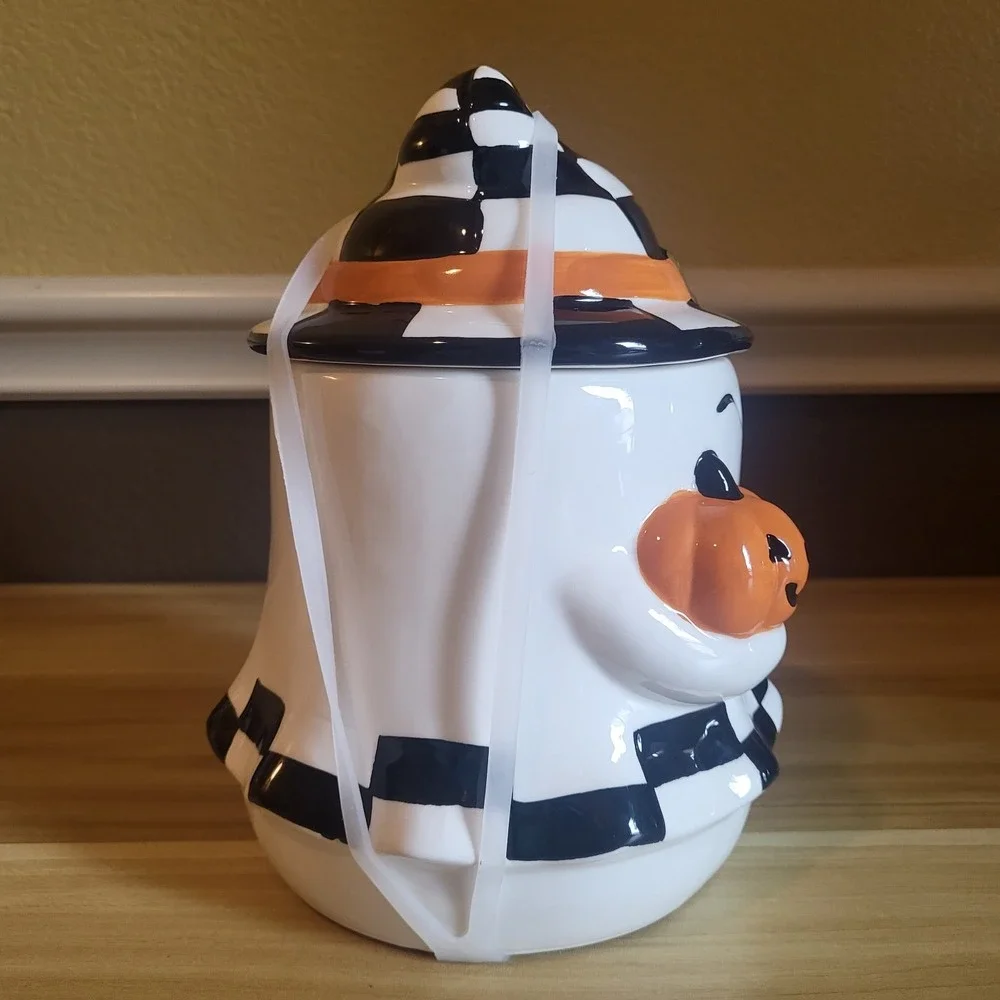 Jack O Lantern Lane Halloween Ghost Cookie Jar Pumpkin Checkerboard Ceramic NEW